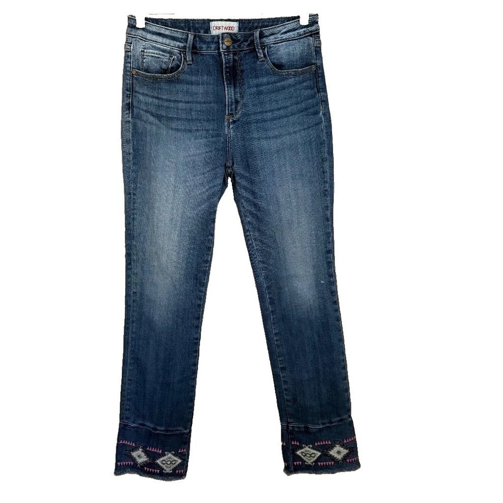 Driftwood Colette High Rise Straight Jeans Sz 28 Embroidered Frayed Hem Boho